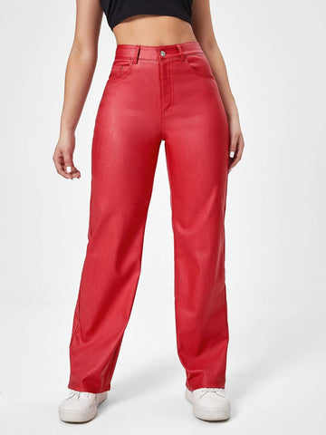 High Waist Straight Leg Leather Look Jeans