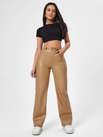 High Waist Straight Leg Leather Look Jeans