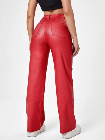 High Waist Straight Leg Leather Look Jeans
