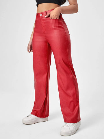 High Waist Straight Leg Leather Look Jeans