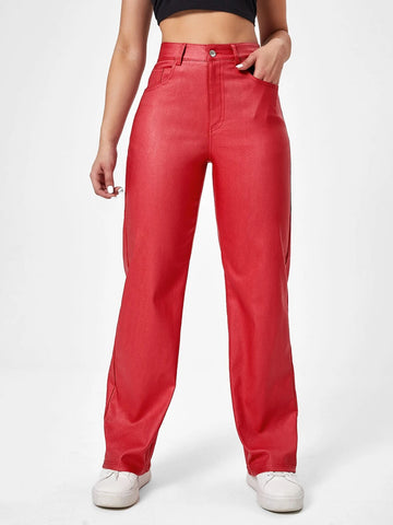 High Waist Straight Leg Leather Look Jeans