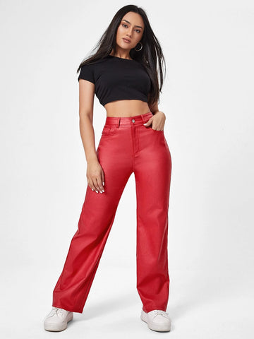 High Waist Straight Leg Leather Look Jeans