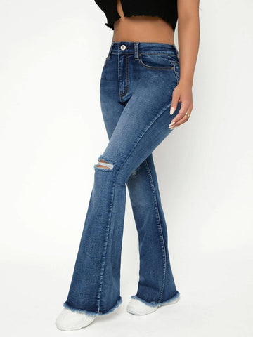PETITE High Waist Ripped Raw Trim Flare Leg Jeans