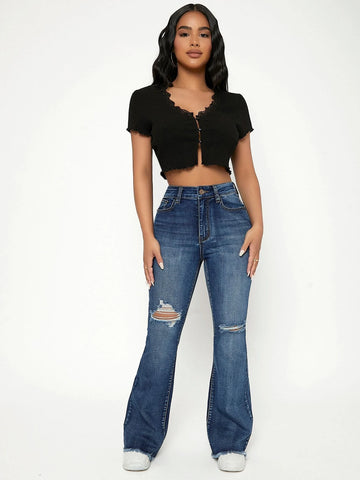 PETITE High Waist Ripped Raw Trim Flare Leg Jeans