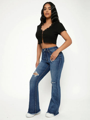 PETITE High Waist Ripped Raw Trim Flare Leg Jeans