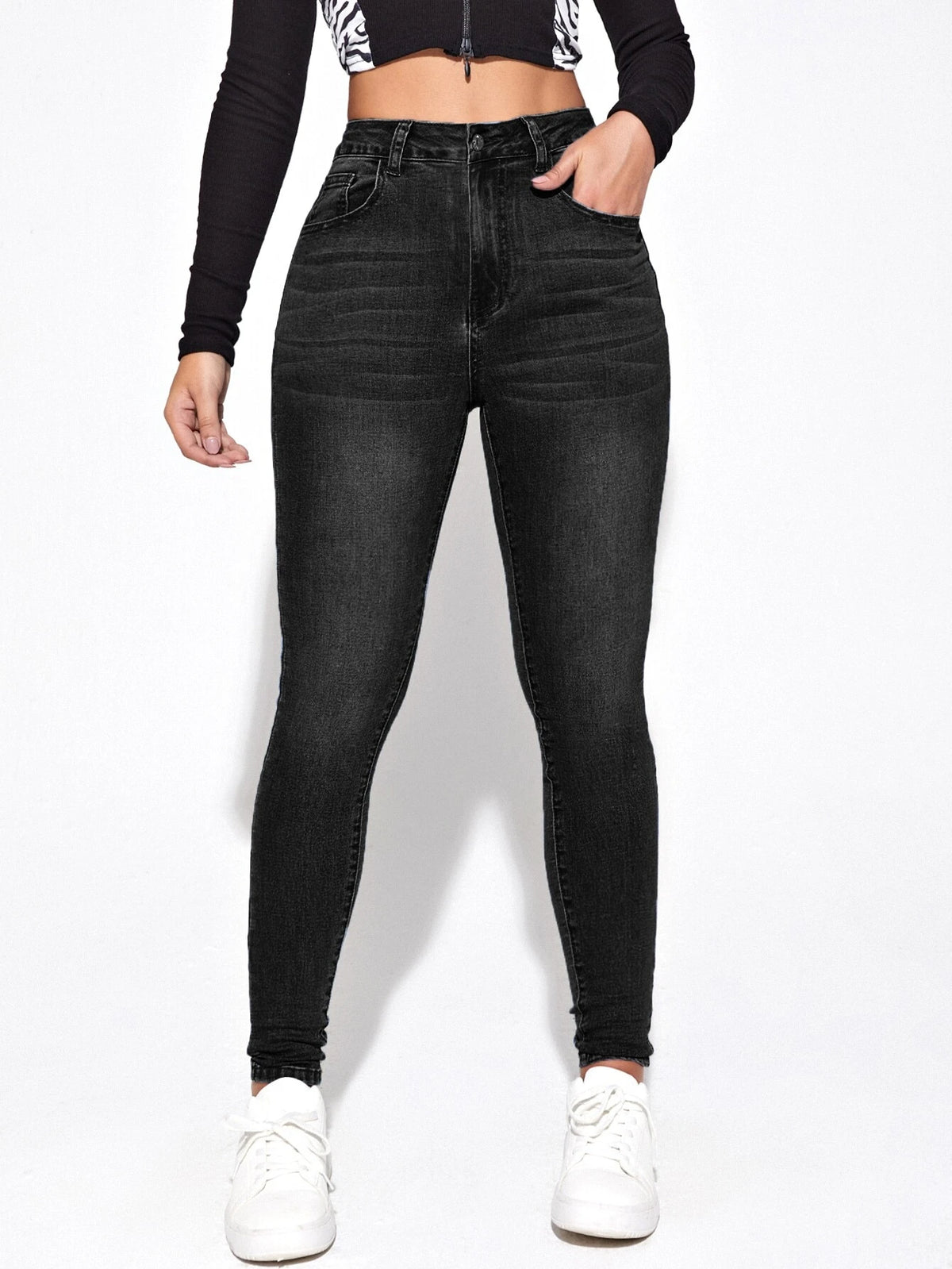 High Waist Bleach Wash Skinny Jeans