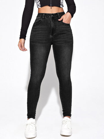 High Waist Bleach Wash Skinny Jeans