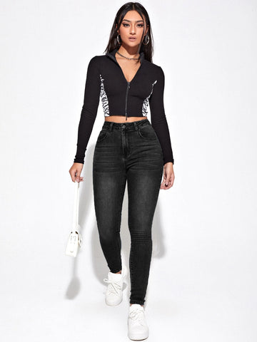 High Waist Bleach Wash Skinny Jeans