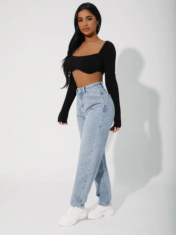 PETITE High Waisted Zip Up Mom Fit Jeans