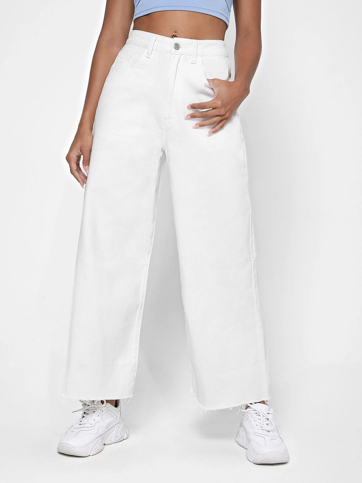 Zipper Fly Raw Hem Wide Leg Jeans