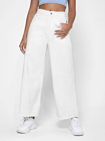 Zipper Fly Raw Hem Wide Leg Jeans