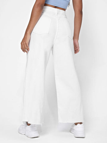 Zipper Fly Raw Hem Wide Leg Jeans