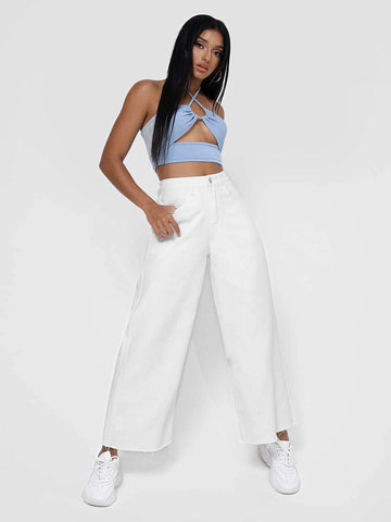 Zipper Fly Raw Hem Wide Leg Jeans