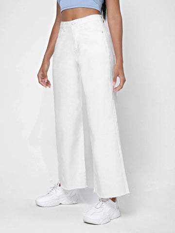 Zipper Fly Raw Hem Wide Leg Jeans