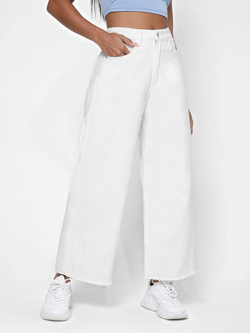 Zipper Fly Raw Hem Wide Leg Jeans