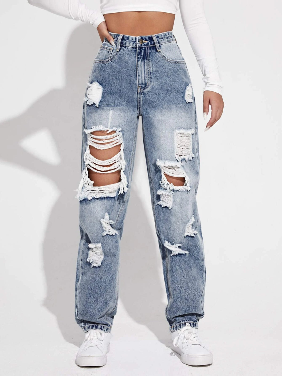 High Waisted Ripped Light Wash Jeans
