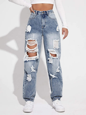 High Waisted Ripped Light Wash Jeans