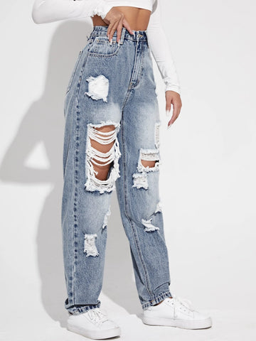 High Waisted Ripped Light Wash Jeans