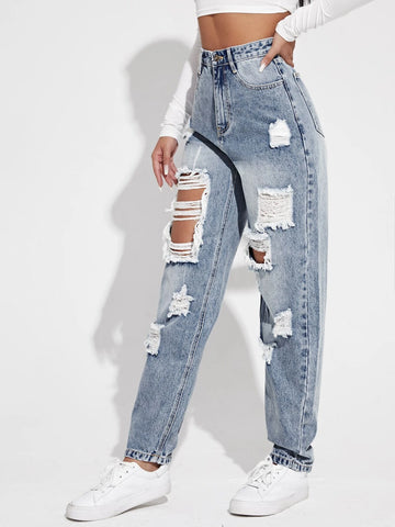 High Waisted Ripped Light Wash Jeans