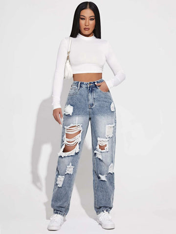 High Waisted Ripped Light Wash Jeans