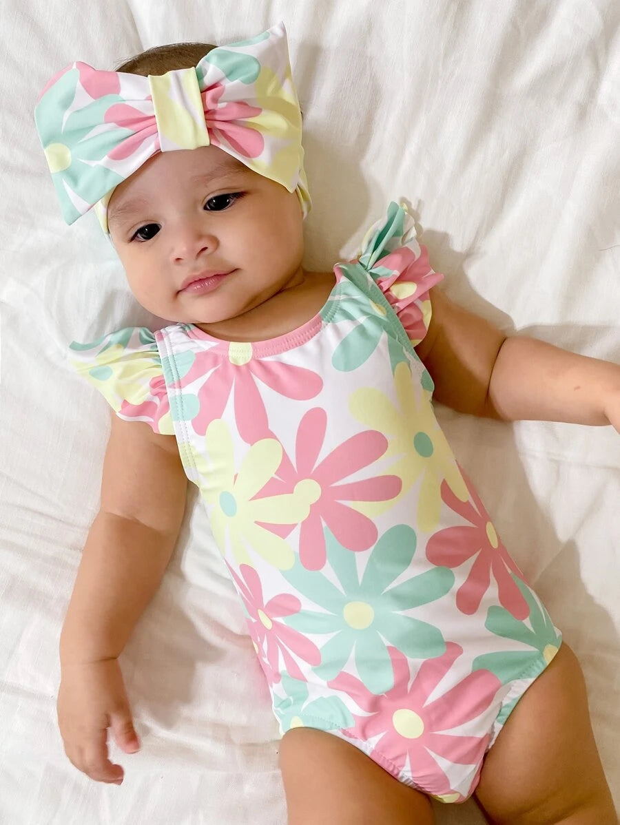 Baby Girl Floral One Piece Swimsuit With Hairband