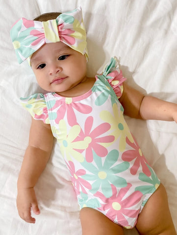 Baby Girl Floral One Piece Swimsuit With Hairband