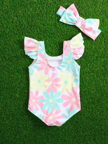 Baby Girl Floral One Piece Swimsuit With Hairband