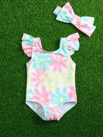 Baby Girl Floral One Piece Swimsuit With Hairband