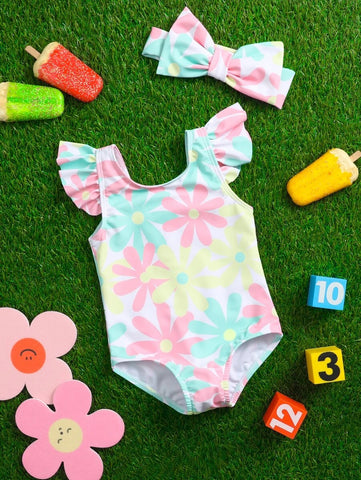 Baby Girl Floral One Piece Swimsuit With Hairband