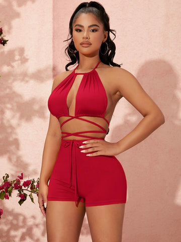 Tie Backless Crisscross Hem Crop Halter Top & Biker Shorts Set