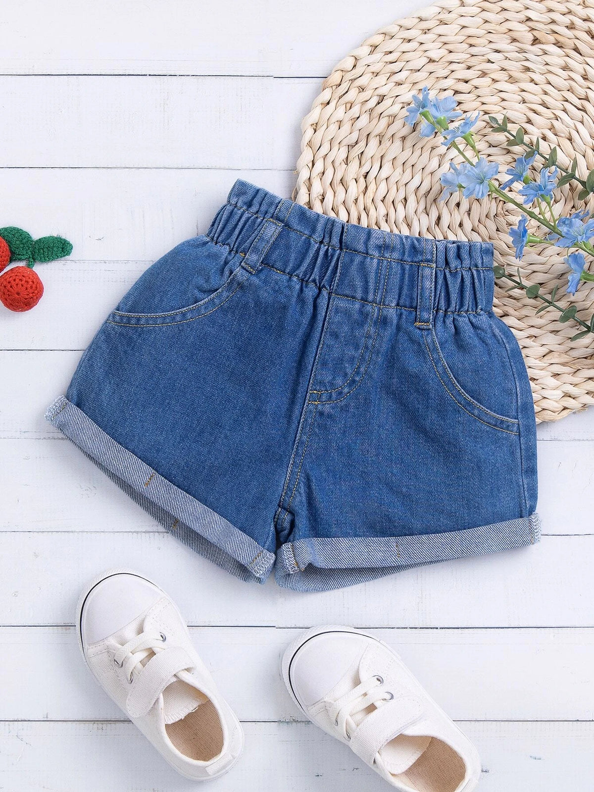 Baby Paperbag Waist Roll Up Hem Denim Shorts