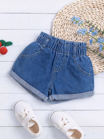 Baby Paperbag Waist Roll Up Hem Denim Shorts