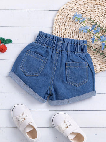 Baby Paperbag Waist Roll Up Hem Denim Shorts
