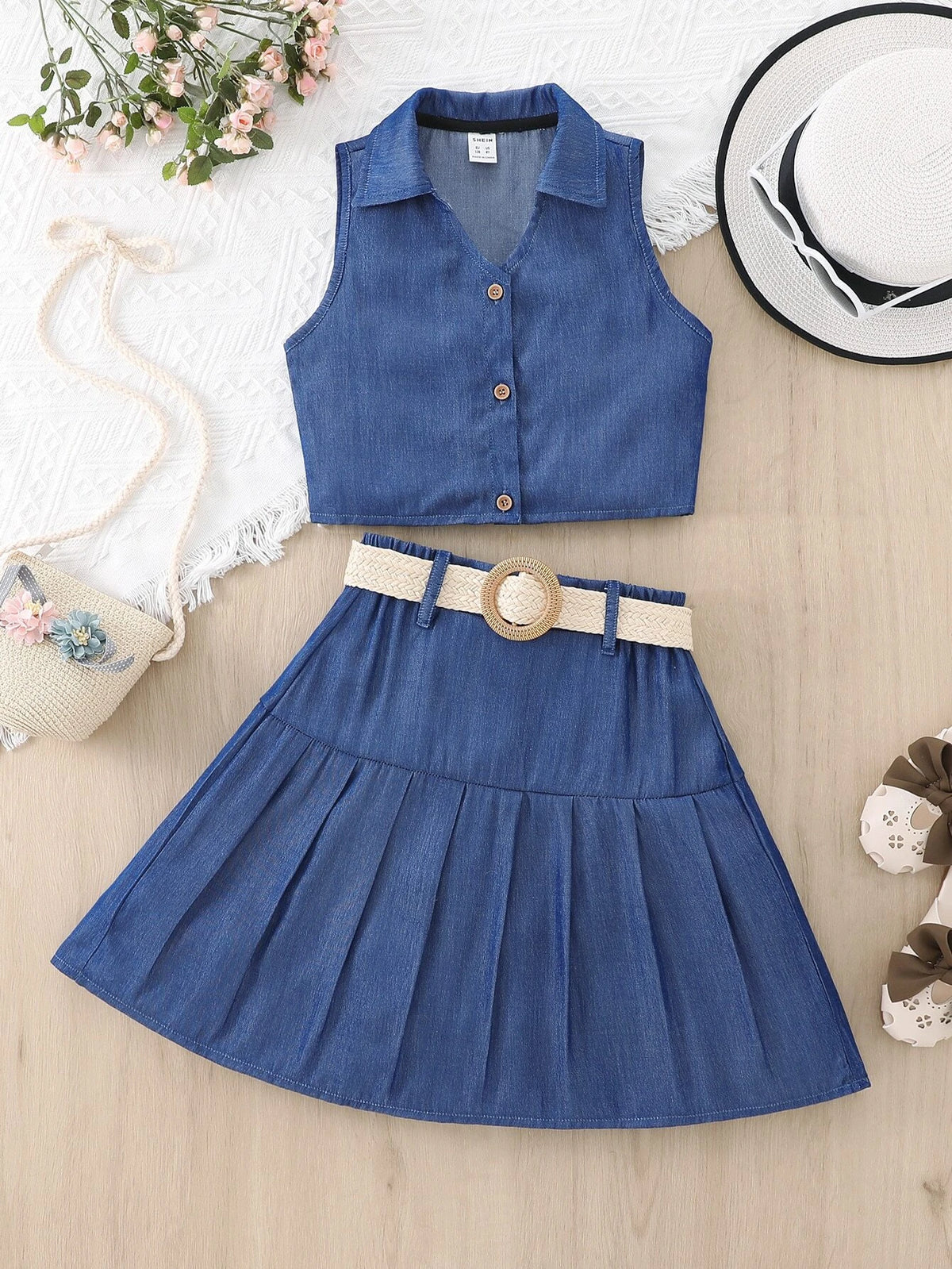 Girls Button Front Sleeveless Shirt & Pleated Belted Skirt
