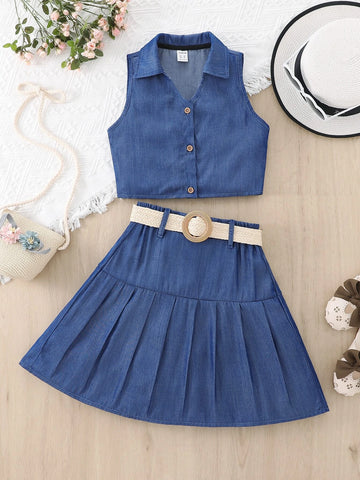 Girls Button Front Sleeveless Shirt & Pleated Belted Skirt