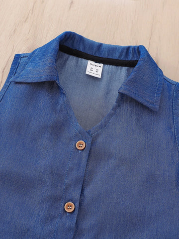 Girls Button Front Sleeveless Shirt & Pleated Belted Skirt