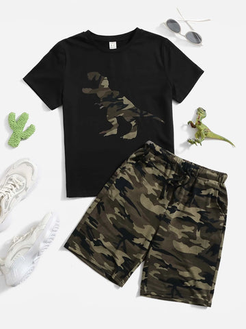 Boys Camo & Dinosaur Print Tee & Drawstring Waist Shorts