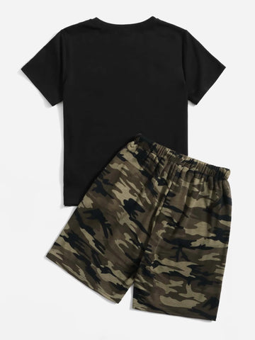 Boys Camo & Dinosaur Print Tee & Drawstring Waist Shorts