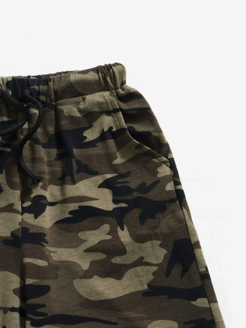 Boys Camo & Dinosaur Print Tee & Drawstring Waist Shorts