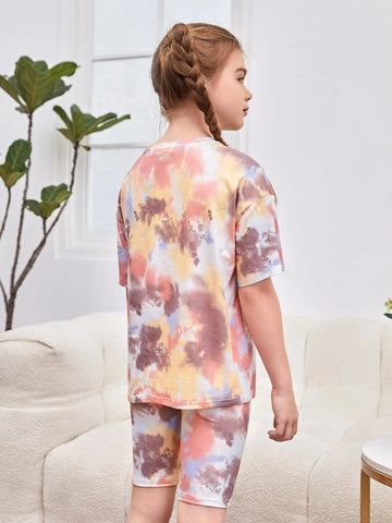 Girls Letter & Tie Dye Print Tee & Biker Shorts Set