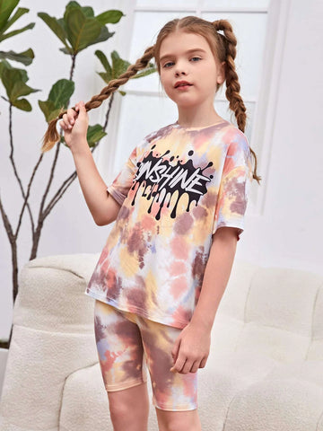 Girls Letter & Tie Dye Print Tee & Biker Shorts Set