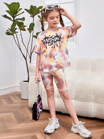 Girls Letter & Tie Dye Print Tee & Biker Shorts Set