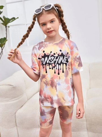 Girls Letter & Tie Dye Print Tee & Biker Shorts Set