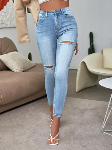 High Waist Bleach Wash Ripped Skinny Jeans