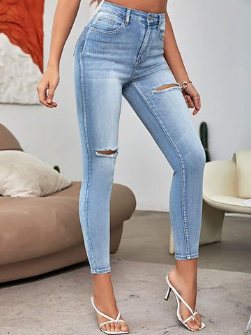 High Waist Bleach Wash Ripped Skinny Jeans