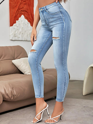 High Waist Bleach Wash Ripped Skinny Jeans