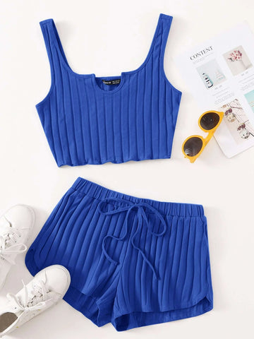 EZwear Notch Neck Rib-knit Tank Top & Shorts Set