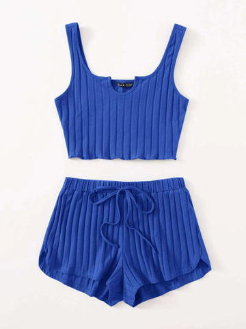 EZwear Notch Neck Rib-knit Tank Top & Shorts Set