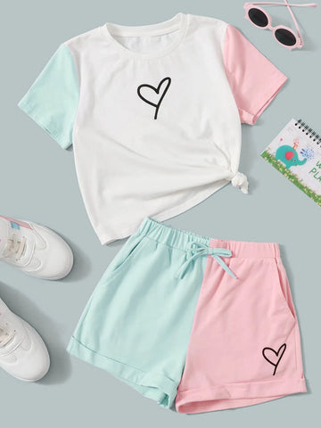 Girls Heart Print Colorblock Tee & Knot Front Shorts