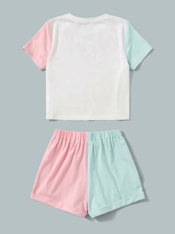 Girls Heart Print Colorblock Tee & Knot Front Shorts